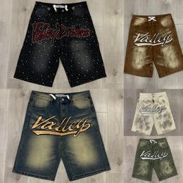 Designer denim shorts american fashion brand high street letter embroidery washed ink splatter sketch rhinestone embellished pure cotton straight denim shorts